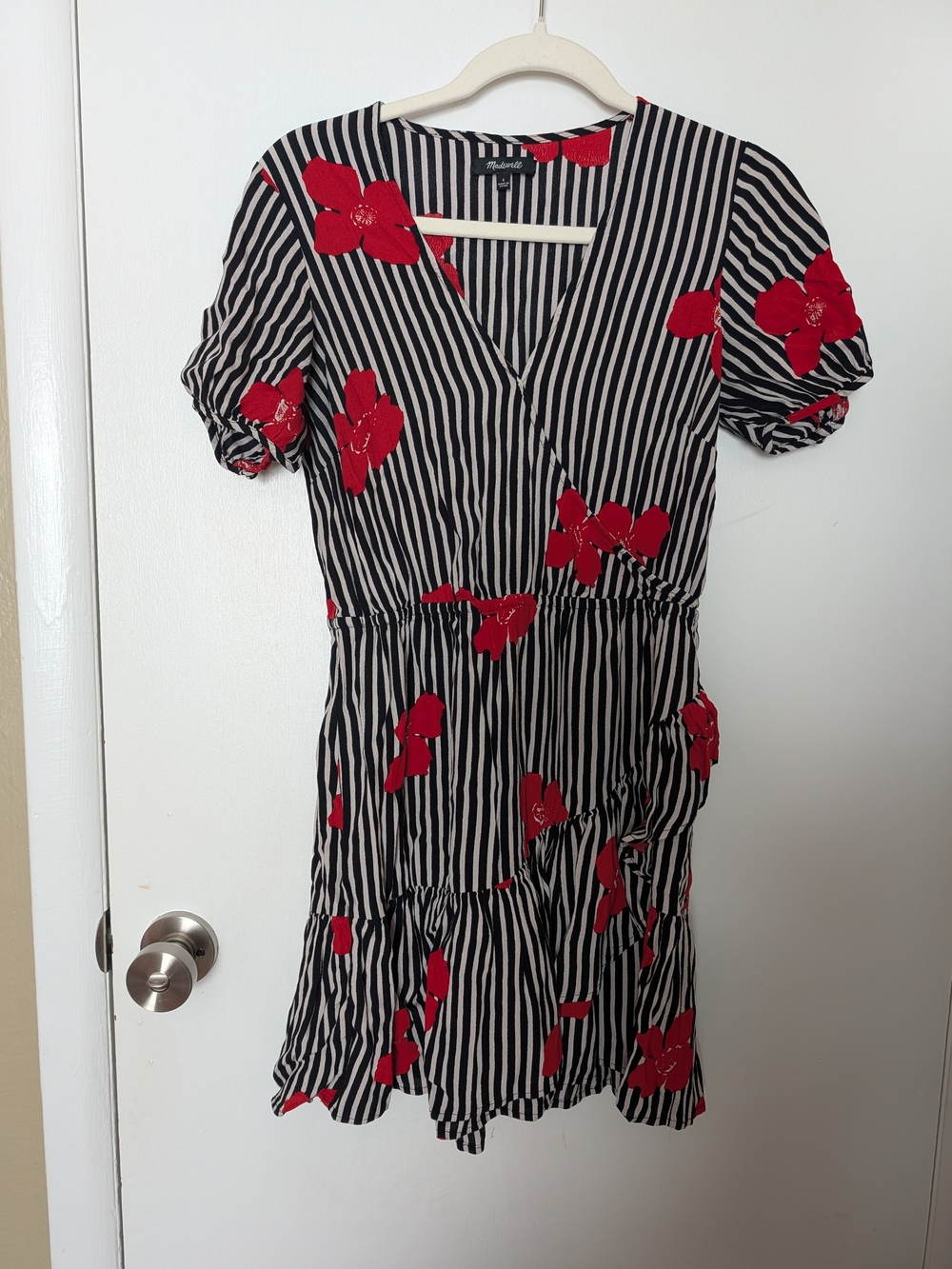 Madewell Black & White Striped Dress with Red Floral Accents